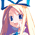 Pixelated anime-style character icon with long hair, blue bow, and purple top against white background.