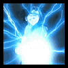 Animated figure with glowing blue energy lines radiating from a bright white center, head tilted slightly right, wearing dark cap and light clothing.