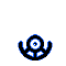 A pixelated blue and black circular icon with a central dot, surrounded by curved arms that change shape across frames.