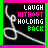 A 5x5 contact sheet of animated frames showing a static black background with white scissors outline and multicolored text "LAUGH WITHOUT HOLDING BACK" in pink, green, and white.