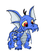 Blue cartoon dragon with light blue wings and red eyes in a of four showing sequential mouth movements and circular breath effects