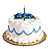 Pixelated birthday cake with blue icing decorations and a single candle on top, surrounded by text phrases in cyan pixel font.