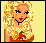 Pixelated cartoon woman with blonde hair, blue eyes, and red lips in a red dress holding an orange flower against yellow background.