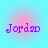 Four identical pixelated purple 'Jordan' text icons arranged in a on a light blue background with pink circular gradients