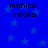 Blue background with light blue stars and four identical pixelated text blocks reading "monica rocks" in black.
