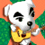 Pixelated cartoon character with white face, black eyes, and brown limbs plays yellow guitar against orange background with green foliage.