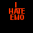 Red text "I HATE EMO" on black background with four variations of circular grayscale gradient overlays.