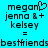 Pixelated text and symbols on cyan background: 'megan' with heart, 'jenna & +', 'kelsey', '=', 'bestfriendsbestfriends' with 'f' as 't' in second instance.