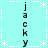 A static pixel art icon with a light cyan background, featuring vertical text reading "jacky jacky" on both sides, white star and dotted line decorations, and a central vertical white line.