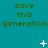 Teal background with repeated green text 'save this generation' and white pixelated star-like shapes in various states of animation.