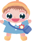 A pixelated cartoon character in two animation frames: left frame shows open eyes, right frame shows closed eyes with a smiling expression while holding a blue bag.