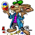 Pixelated cartoon character with green cap, blue jacket, purple shirt holds colorful egg-shaped object against white background.