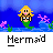 Pixel art mermaid with blonde hair, green tail, and black bikini top against blue water background with pink coral.