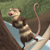 Pixelated image of a monkey with brown and beige fur, pink nose, and long tail, positioned on a branch above water, facing left.