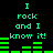 Green pixelated text and audio waveforms on black background, repeating 'I rock and I know it!' with green bars shifting horizontally.