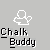 Pixelated white chalk outline of a hand holding a small object on gray background with black text "Chalk Buddy" below.