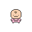 Pixelated baby figures in pink onesies with small star on head, surrounded by scattered pastel flowers on gray background.