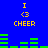 Blue background with yellow text and green bar graphs, showing 'I <3 CHEER' repeated twice with animated green bar changes.