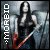 Pixelated static image of a figure with long dark hair holding a sword-like object, vertical text on left side.