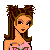 Pixelated character with brown hair in high ponytail, wearing pink top and purple pants with white dots.