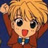 Pixelated anime-style character with blonde hair, red eyes, and a red mouth, wearing a red outfit with blue accents against a dark blue background.