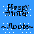 Blue background with white dots, displaying four identical pixelated text blocks reading "Happy Winter" above "~Apple~" in black font.