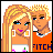Pixel art buddy icon featuring two cartoon characters with blonde hair, one female in a white top and the other male in an orange shirt with partial text.