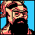 Pixelated static icon of a bearded man with glasses against blue background, rendered in limited color palette with dithering effects.