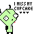 Pixelated green alien character with large eyes and antennae, wearing black sleeves and gray torso, standing against white background with text above.
