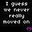 Pixelated text repeats 'I guess we never really moved on' with pink hearts, displayed in a against black and gray backgrounds