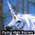 A white unicorn with a single horn stands in front of trees, while a winged horse flies near the moon and an orange horse appears on yellow.