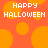 Pixelated orange background with scattered pumpkin shapes and white text reading "HAPPY HALLOWEEN" in two identical sections.