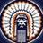 Pixelated image of a figure in a headdress with text overlays on orange and dark backgrounds.