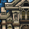 Pixel art of a stone building facade with arched windows, a statue niche, and decorative stonework under blue sky.