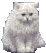 Pixelated white cat with fluffy fur sits in a of four and three against gray background