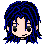 Pixelated character with blue hair and black eyes showing four distinct facial expressions across a
