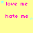Yellow background with pink text reading 'love me' and 'hate me', each paired with small blue stars, arranged in a pattern