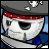 Pixelated static icon of a cartoon character with an eyepatch, red headband, and blue shoulder accents against a gray background with white sparkles.