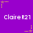 Purple background with repeated white text 'Claire R21' and yellow/pink star-shaped pixel art elements scattered across the frame.