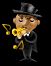 Pixelated cartoon character in black suit and hat plays golden trumpet with floating musical notes against black background.