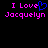 Pixelated text 'I Love Jacquelyn' in pink with a blue heart symbol replacing the letter O, displayed on black background.