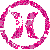 Three circular pink and white pixelated icons with crescent shapes inside, arranged in a on gray background