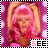 Pixelated image of a person with pink hair and pink clothing against a pink polka-dot background, with 'BEE' text in a black-and-white pattern at the bottom right