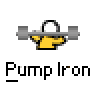 A static contact sheet showing two identical frames of a pixel art buddy icon featuring a yellow stick figure lifting a barbell, with red text 'badass buddy .com' and black text 'Pump Iron' below each frame on a gray background.