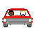 A 4x4 contact sheet of pixel art frames showing a red car with two cartoon characters inside, arranged in four rows and four columns on a gray background.