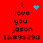 Red background displays black text 'i love you jason' with blue pixelated heart and star symbols above the text, repeating in two