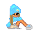Pixel art icon of a cartoon character with long brown hair wearing blue winter clothing and holding a snowball, set against a plain gray background.