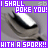 Pixelated cartoon eye with purple text overlay reading "I SHALL POKE YOU! WITH A SPORK!!" on a gray background.