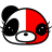 Pixelated cartoon face split into black and red halves with white sections, featuring large circular eyes and a small nose on a transparent background.