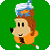 Pixelated cartoon dog mascot wearing orange shirt and blue-and-white hat, standing on green background with white feet.